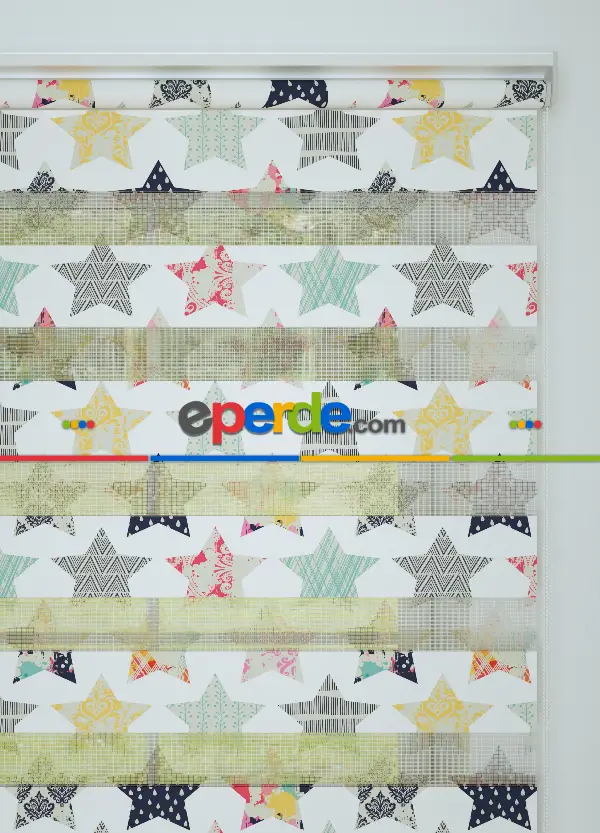 Gri Sarı Yıldız Desenli Baskılı Zebra Perde