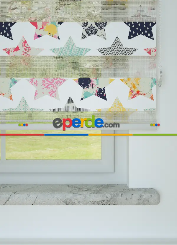 Gri Sarı Yıldız Desenli Baskılı Zebra Perde