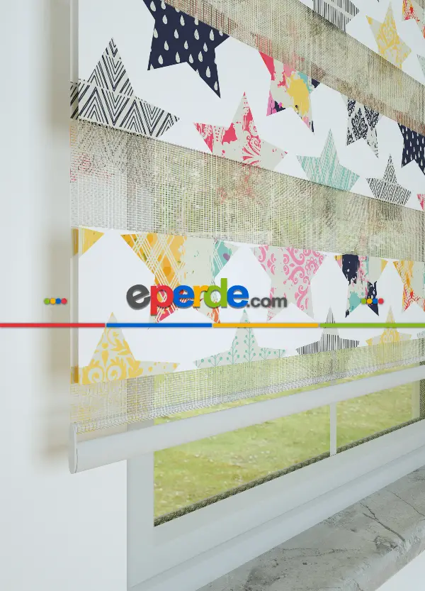 Gri Sarı Yıldız Desenli Baskılı Zebra Perde