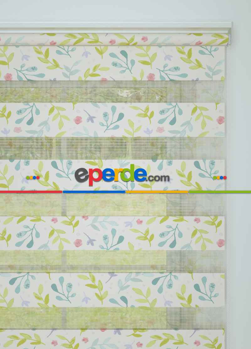 Yeşil Yaprak Desenli Baskılı Zebra Perde