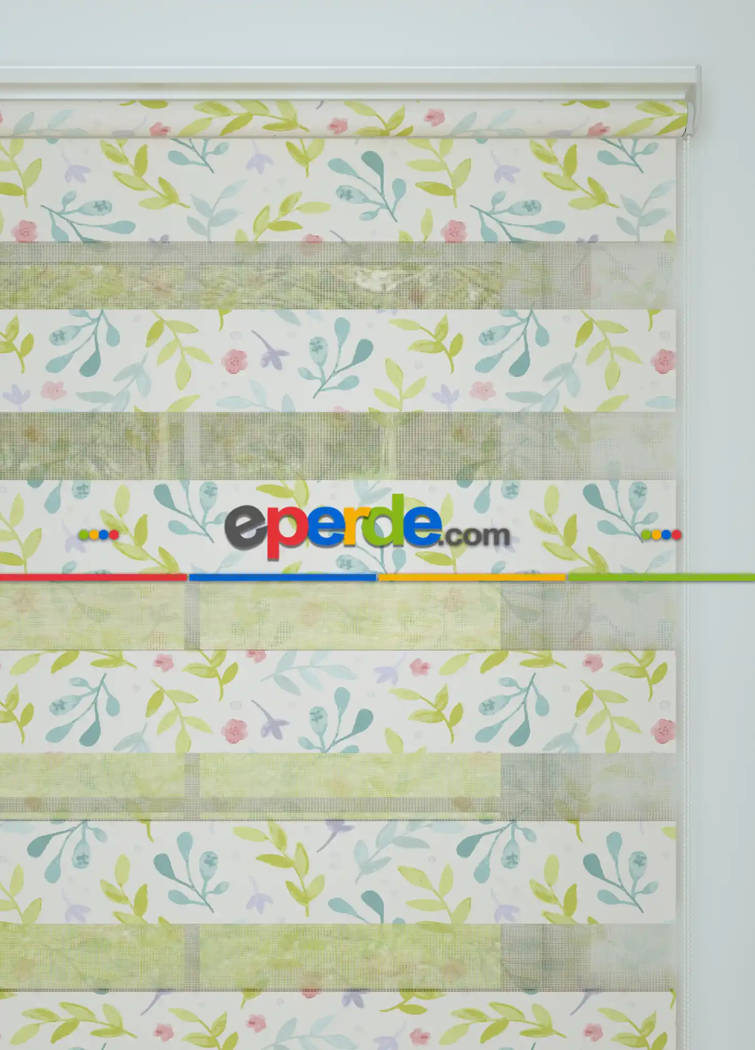 Yeşil Yaprak Desenli Baskılı Zebra Perde