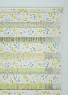 Yeşil Yaprak Desenli Baskılı Zebra Perde