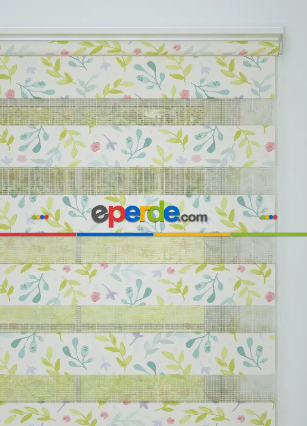 Yeşil Yaprak Desenli Baskılı Zebra Perde