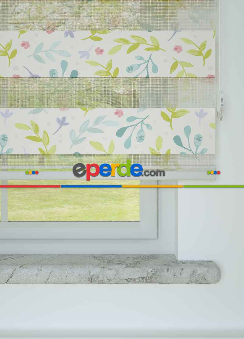 Yeşil Yaprak Desenli Baskılı Zebra Perde