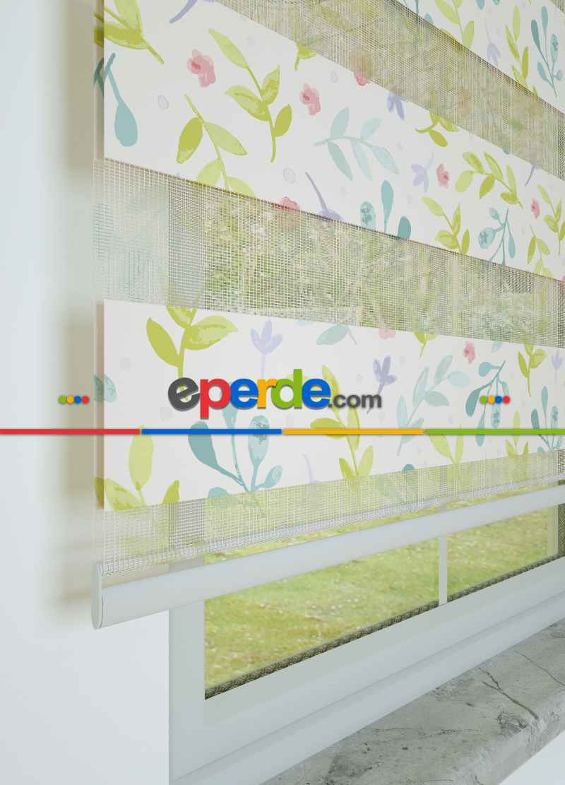 Yeşil Yaprak Desenli Baskılı Zebra Perde