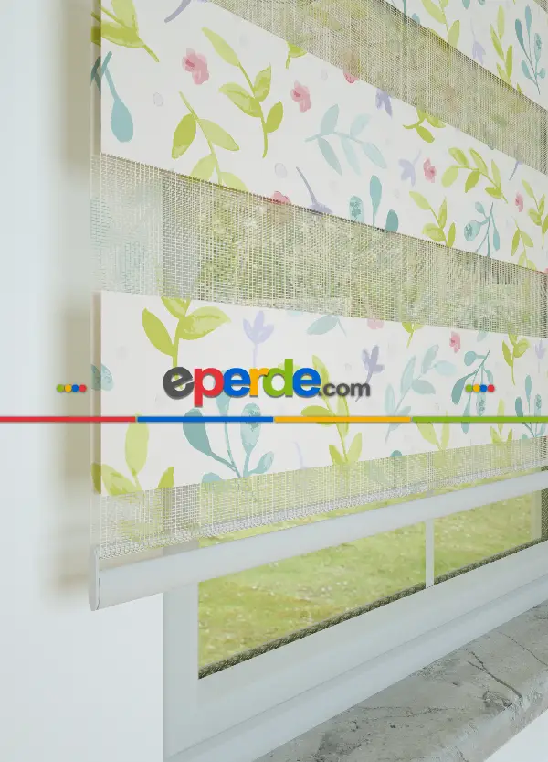 Yeşil Yaprak Desenli Baskılı Zebra Perde