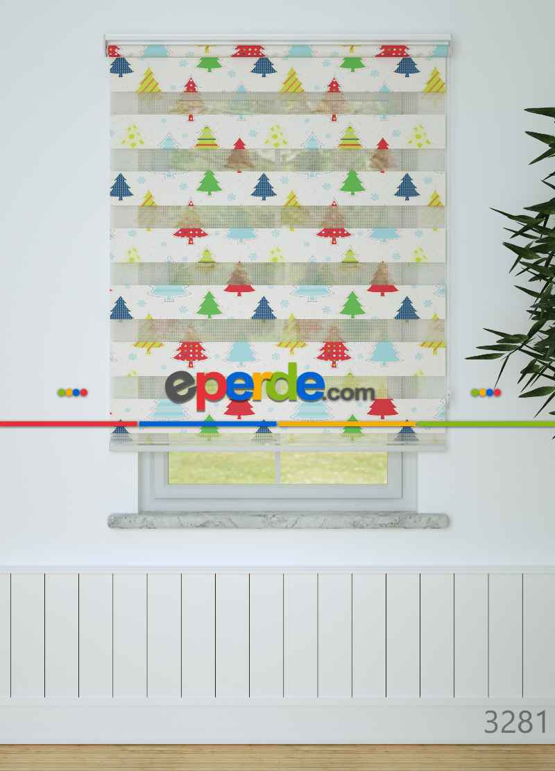 Bebek Odası - Kırmızı Yeşil Çam Ağacı Desenli Baskılı Zebra Perde