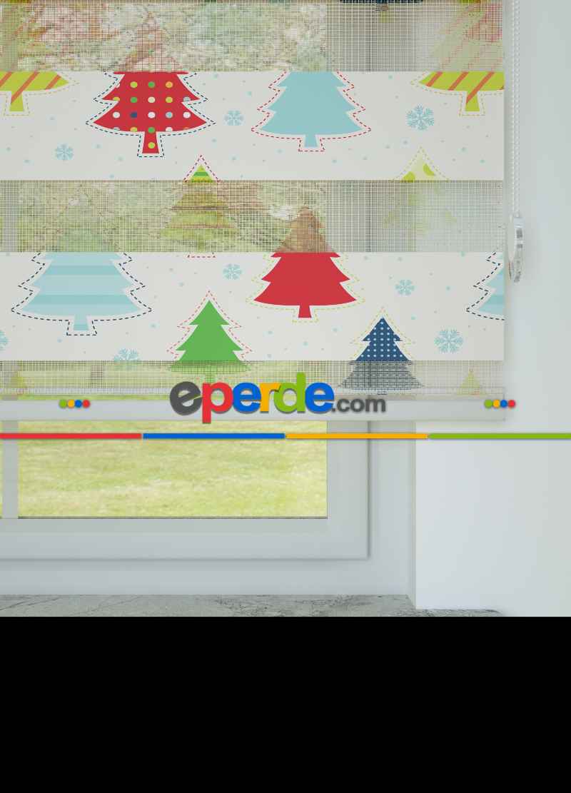 Bebek Odası - Kırmızı Yeşil Çam Ağacı Desenli Baskılı Zebra Perde