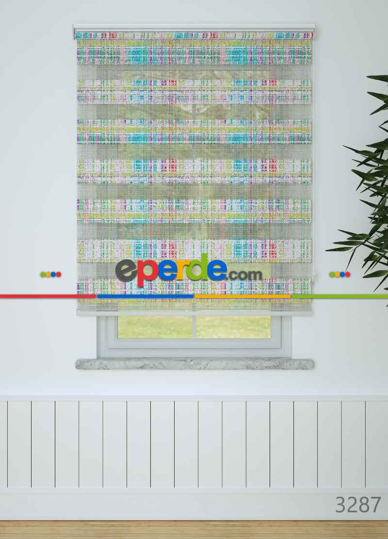 Çocuk Odası - Mint Mor Modern Desenli Baskılı Zebra Perde