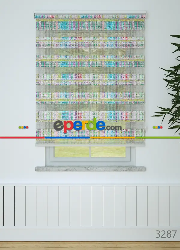 Genç Odası - Mint Mor Modern Desenli Baskılı Zebra Perde