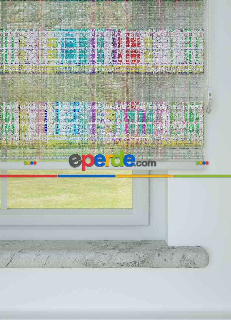 Çocuk Odası - Mint Mor Modern Desenli Baskılı Zebra Perde