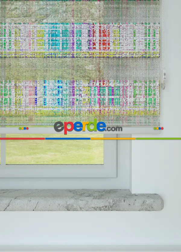 Genç Odası - Mint Mor Modern Desenli Baskılı Zebra Perde