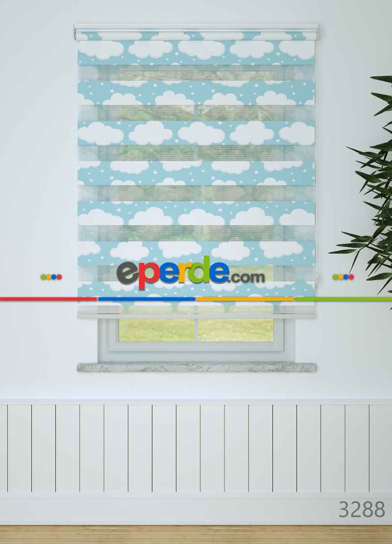 Bebek Odası - Mavi Bulut Ve Yıldız Desenli Baskılı Zebra Perde