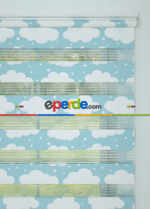 Mavi Bulut Ve Yıldız Desenli Baskılı Zebra Perde