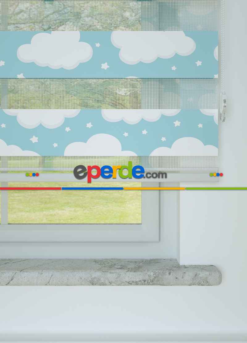 Bebek Odası - Mavi Bulut Ve Yıldız Desenli Baskılı Zebra Perde