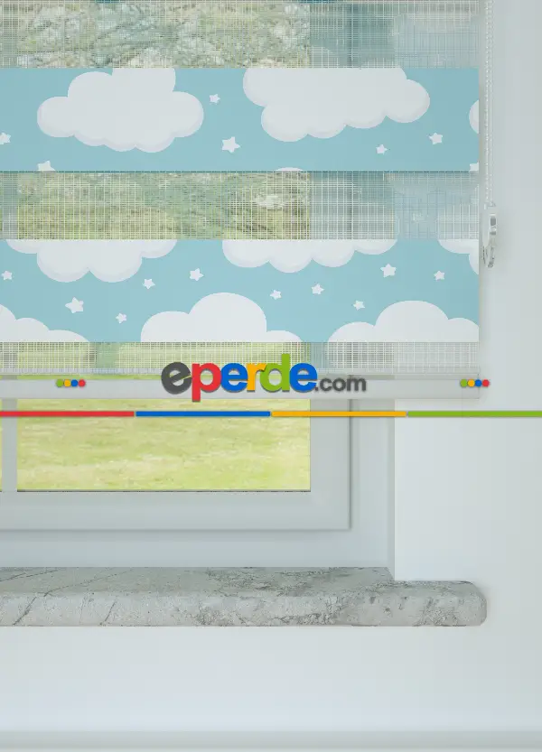 Bebek Odası - Mavi Bulut Ve Yıldız Desenli Baskılı Zebra Perde