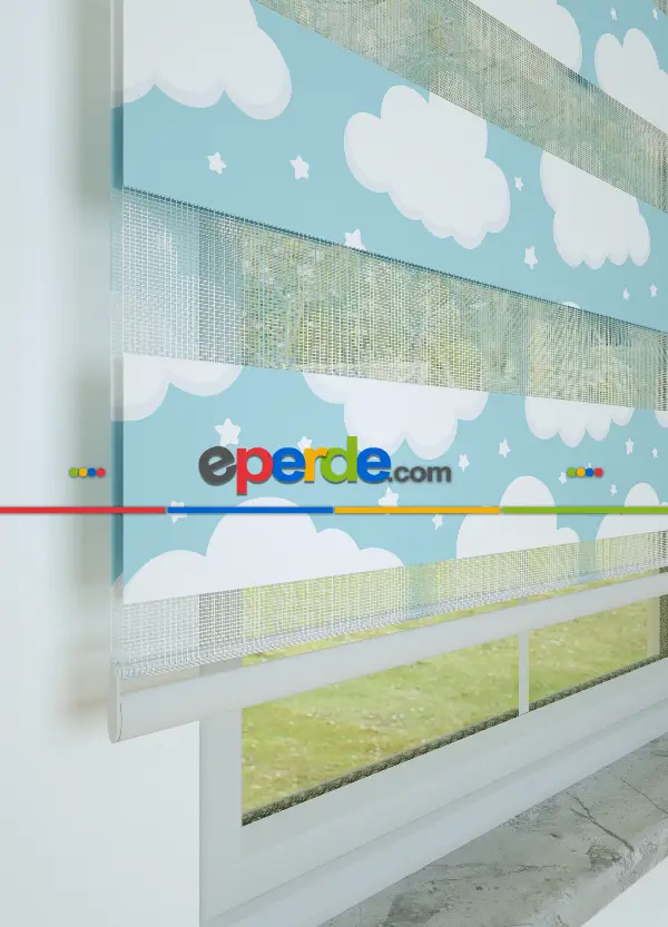 Bebek Odası - Mavi Bulut Ve Yıldız Desenli Baskılı Zebra Perde