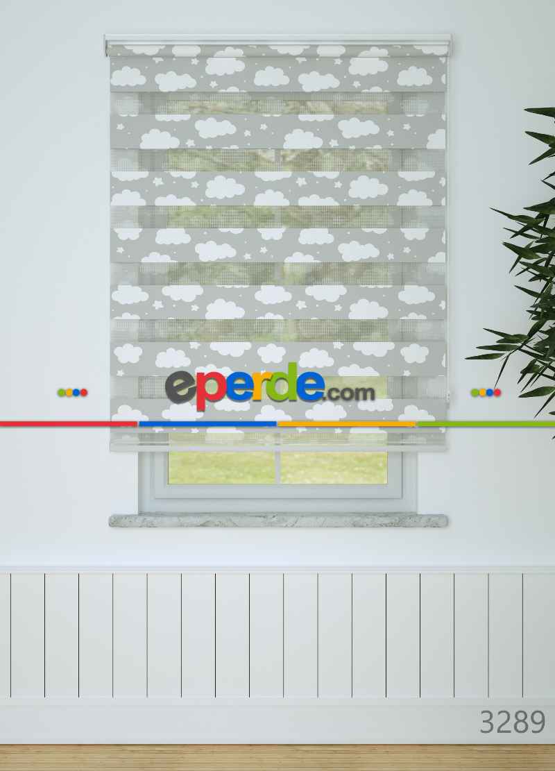 Gri Yıldız Ve Bulut Desenli Baskılı Zebra Perde