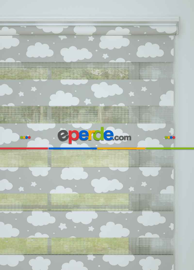 Gri Yıldız Ve Bulut Desenli Baskılı Zebra Perde