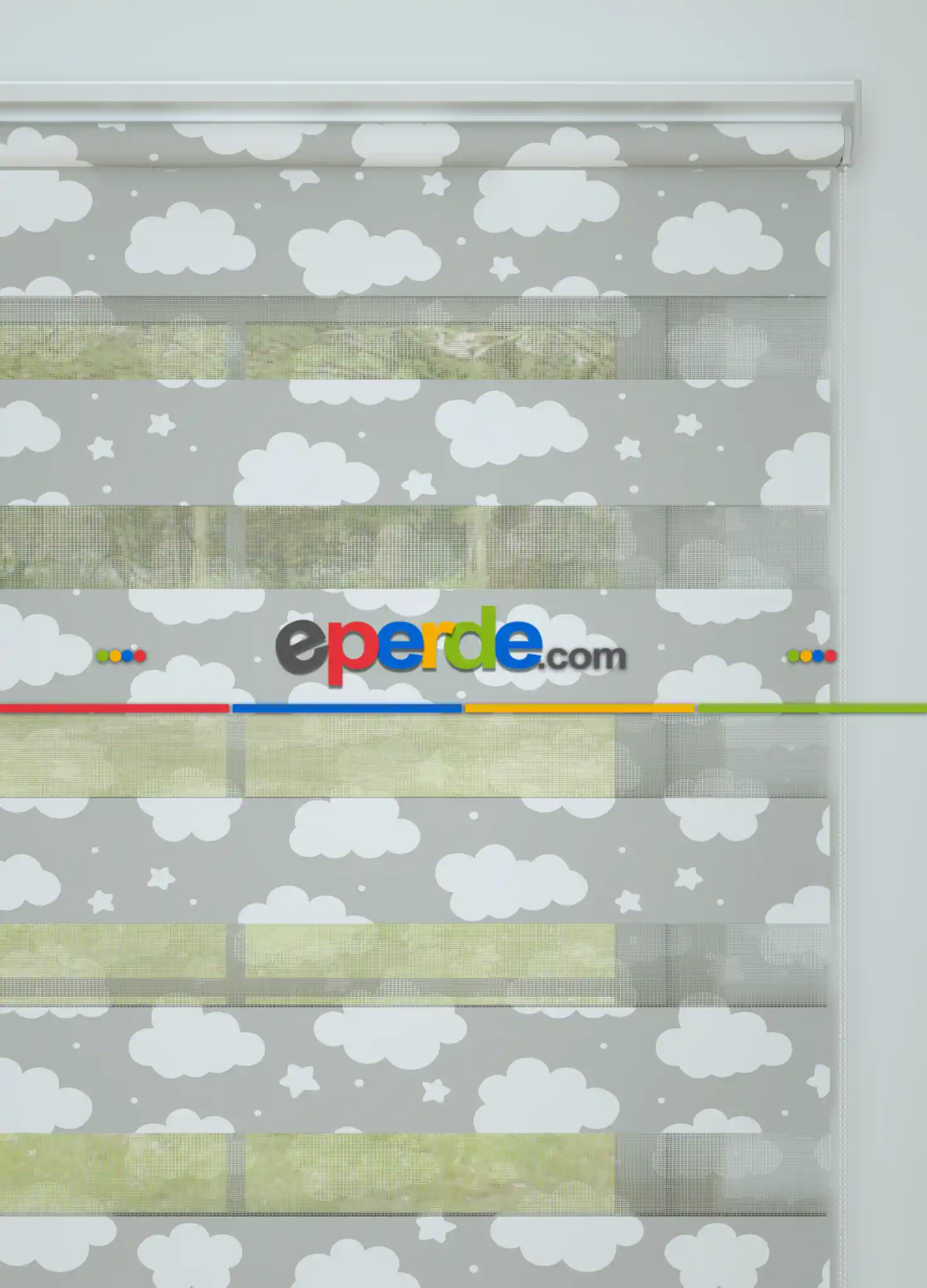 Bebek Odası - Gri Yıldız Ve Bulut Desenli Baskılı Zebra Perde