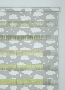 Bebek Odası - Gri Yıldız Ve Bulut Desenli Baskılı Zebra Perde