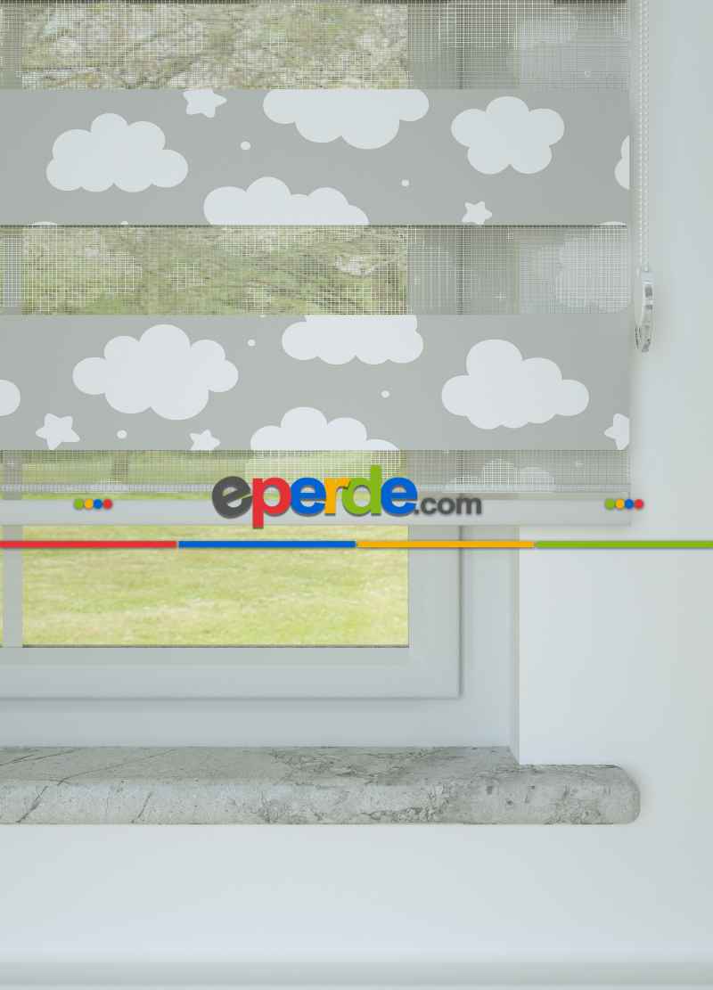 Gri Yıldız Ve Bulut Desenli Baskılı Zebra Perde