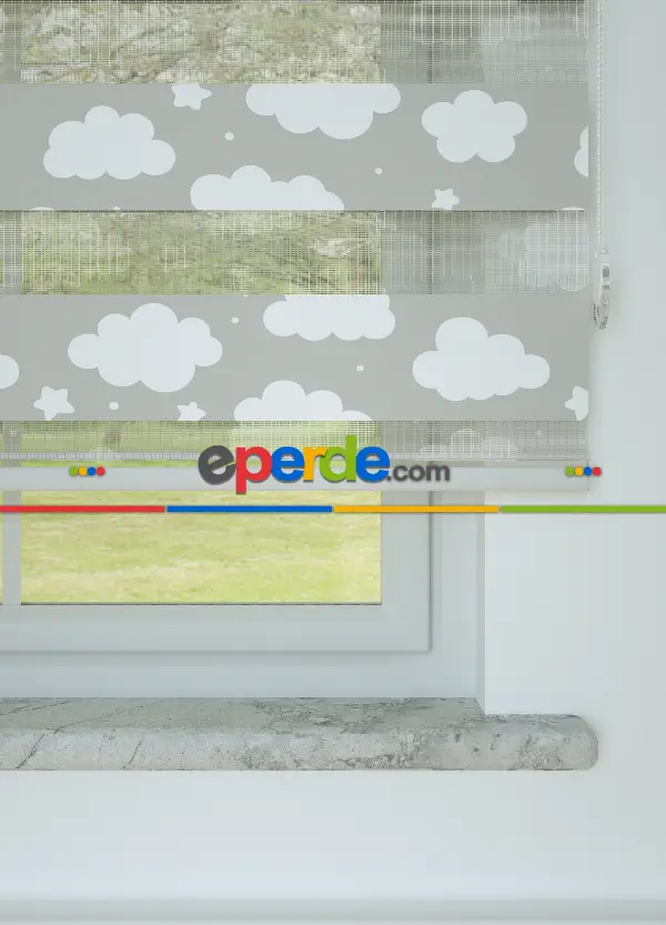 Bebek Odası - Gri Yıldız Ve Bulut Desenli Baskılı Zebra Perde