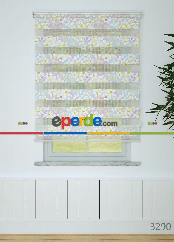 Lila Mavi Papatya Desenli Baskılı Zebra Perde