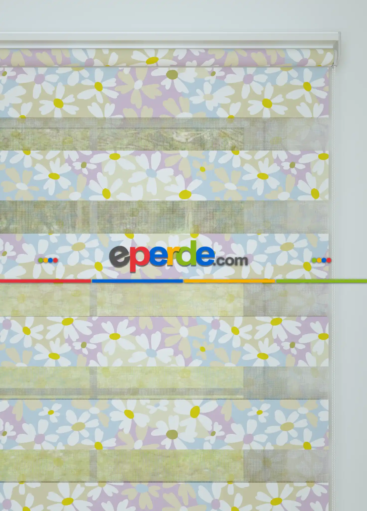 Çocuk Odası - Lila Mavi Papatya Desenli Baskılı Zebra Perde