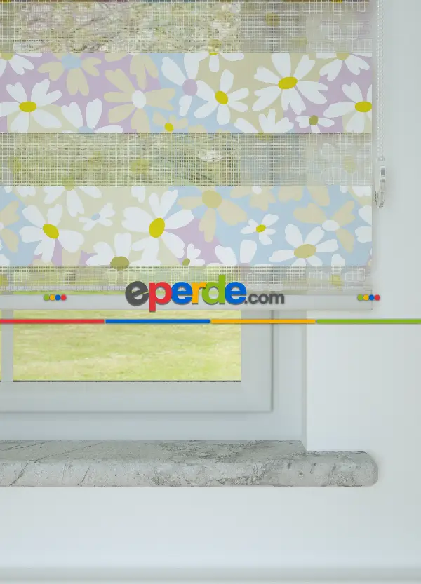 Lila Mavi Papatya Desenli Baskılı Zebra Perde