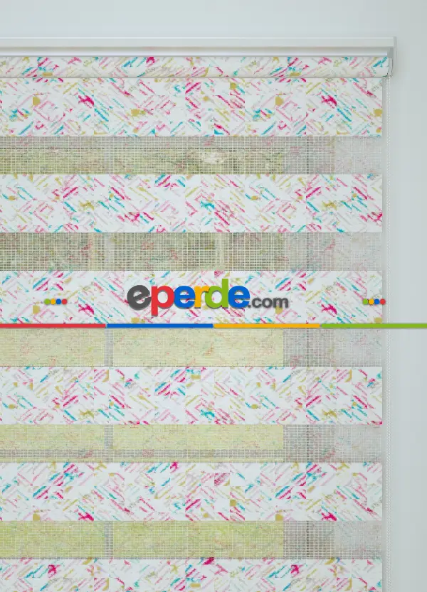 Pembe Turkuaz Modern Desenli Baskılı Zebra Perde