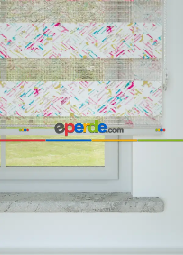 Pembe Turkuaz Modern Desenli Baskılı Zebra Perde