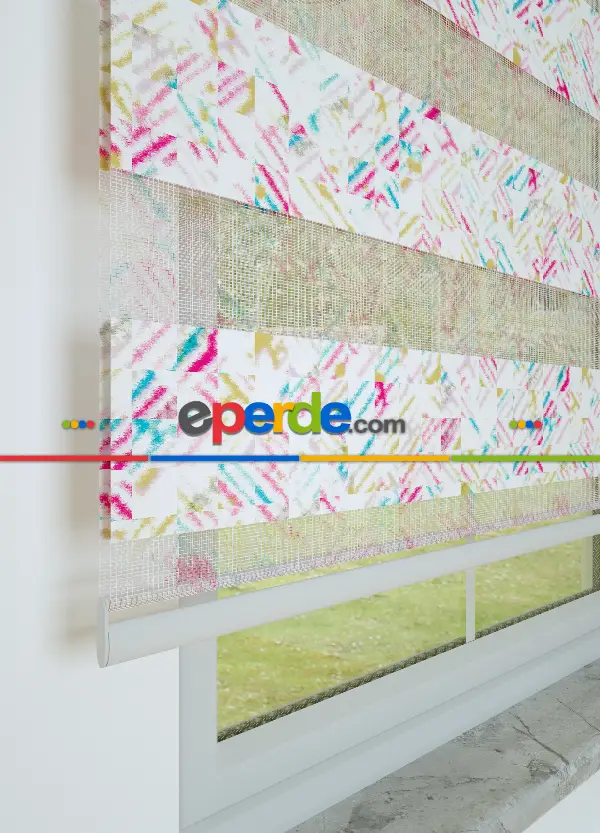 Pembe Turkuaz Modern Desenli Baskılı Zebra Perde