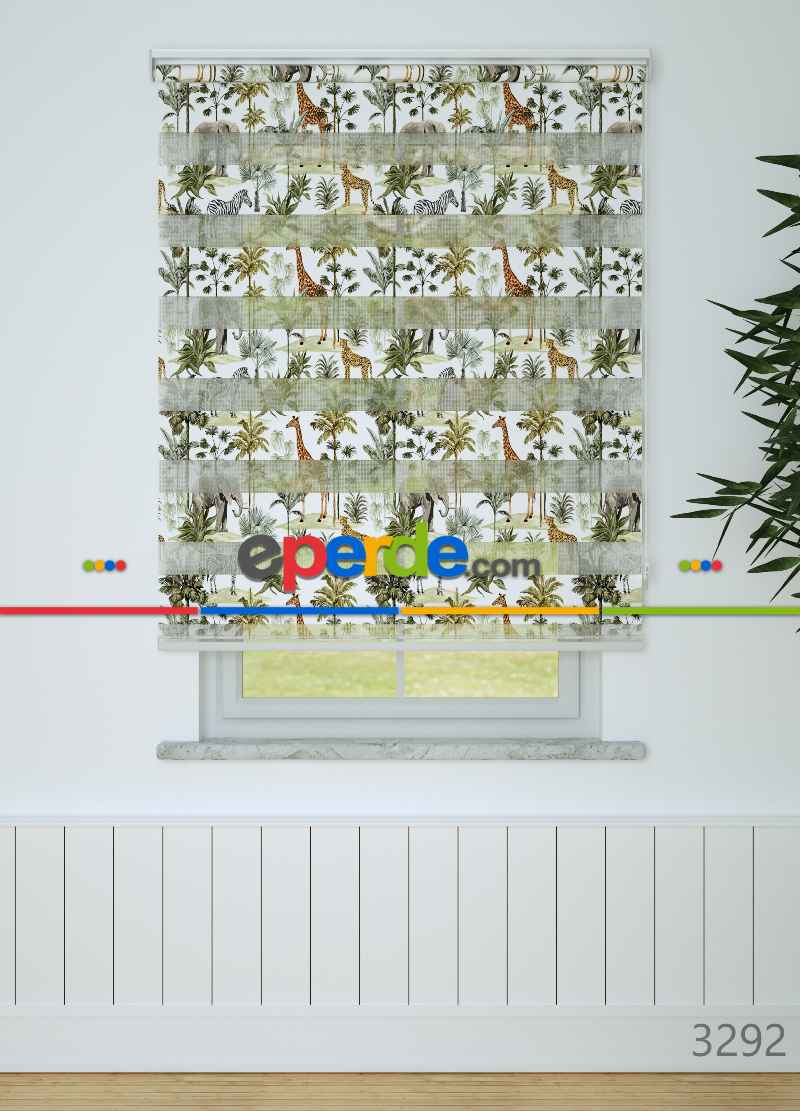 Çocuk Odası - Yeşil Kahverengi Safari Desenli Baskılı Zebra Perde