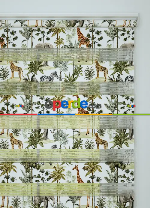 Yeşil Kahverengi Safari Desenli Baskılı Zebra Perde
