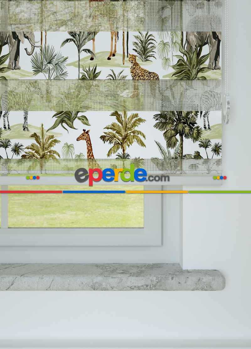 Çocuk Odası - Yeşil Kahverengi Safari Desenli Baskılı Zebra Perde