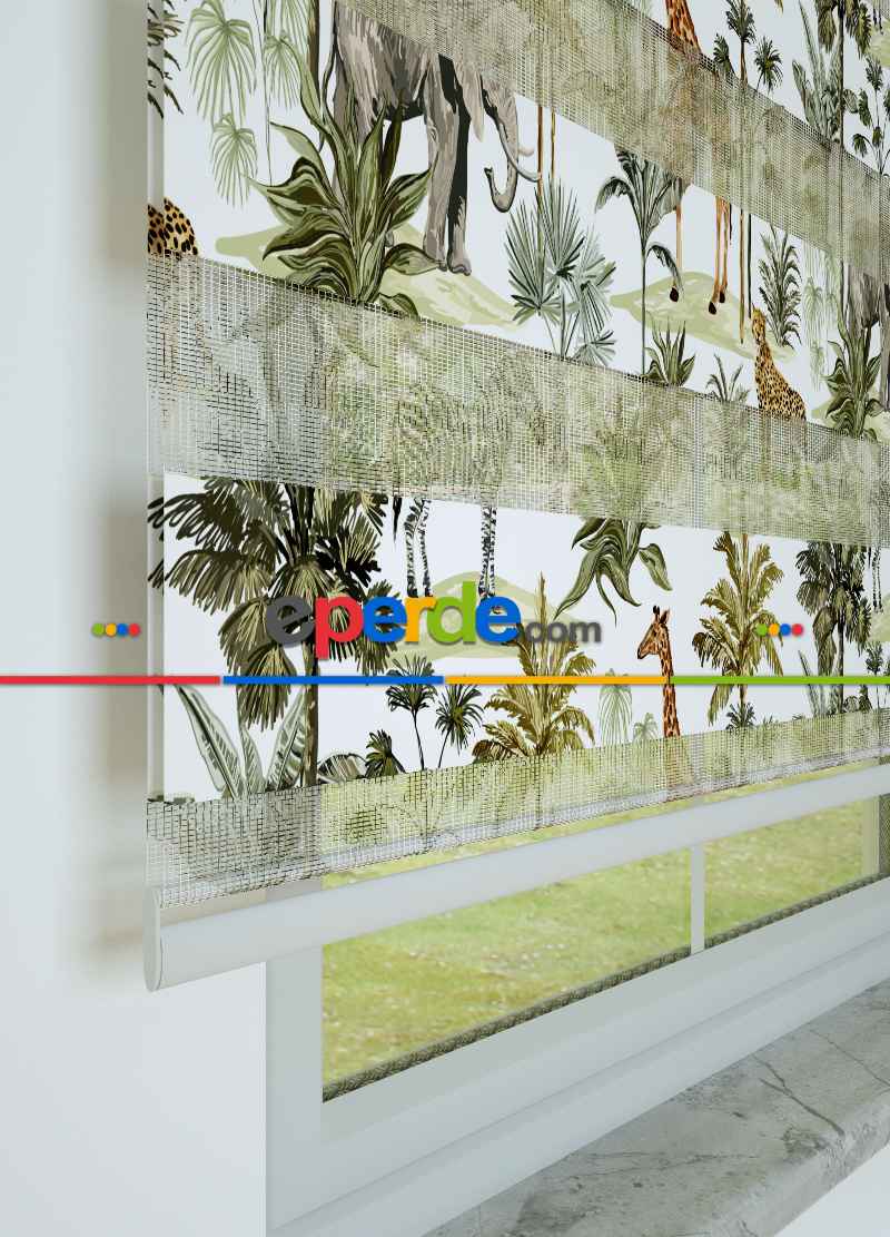 Çocuk Odası - Yeşil Kahverengi Safari Desenli Baskılı Zebra Perde