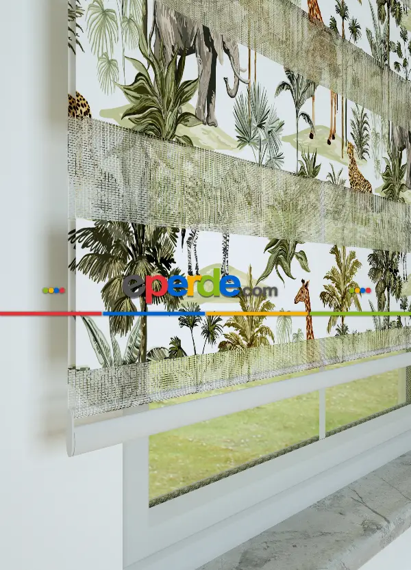 Genç Odası - Yeşil Kahverengi Safari Desenli Baskılı Zebra Perde