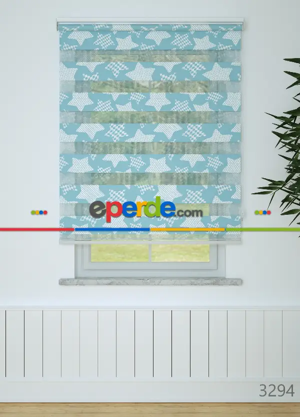Mavi Yıldız Desenli Baskılı Zebra Perde