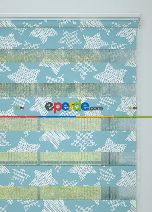 Mavi Yıldız Desenli Baskılı Zebra Perde