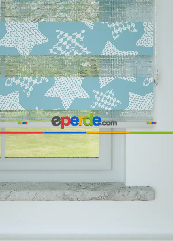 Mavi Yıldız Desenli Baskılı Zebra Perde