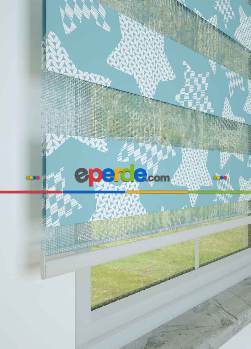 Mavi Yıldız Desenli Baskılı Zebra Perde