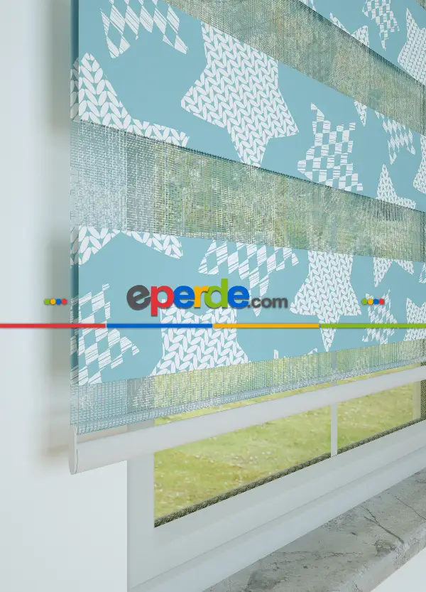 Mavi Yıldız Desenli Baskılı Zebra Perde