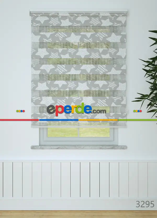 Gri Yıldız Desenli Baskılı Zebra Perde