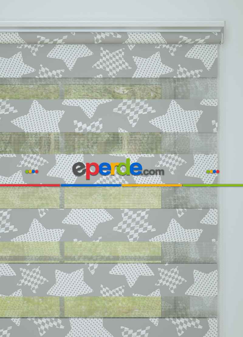 Bebek Odası - Gri Yıldız Desenli Baskılı Zebra Perde