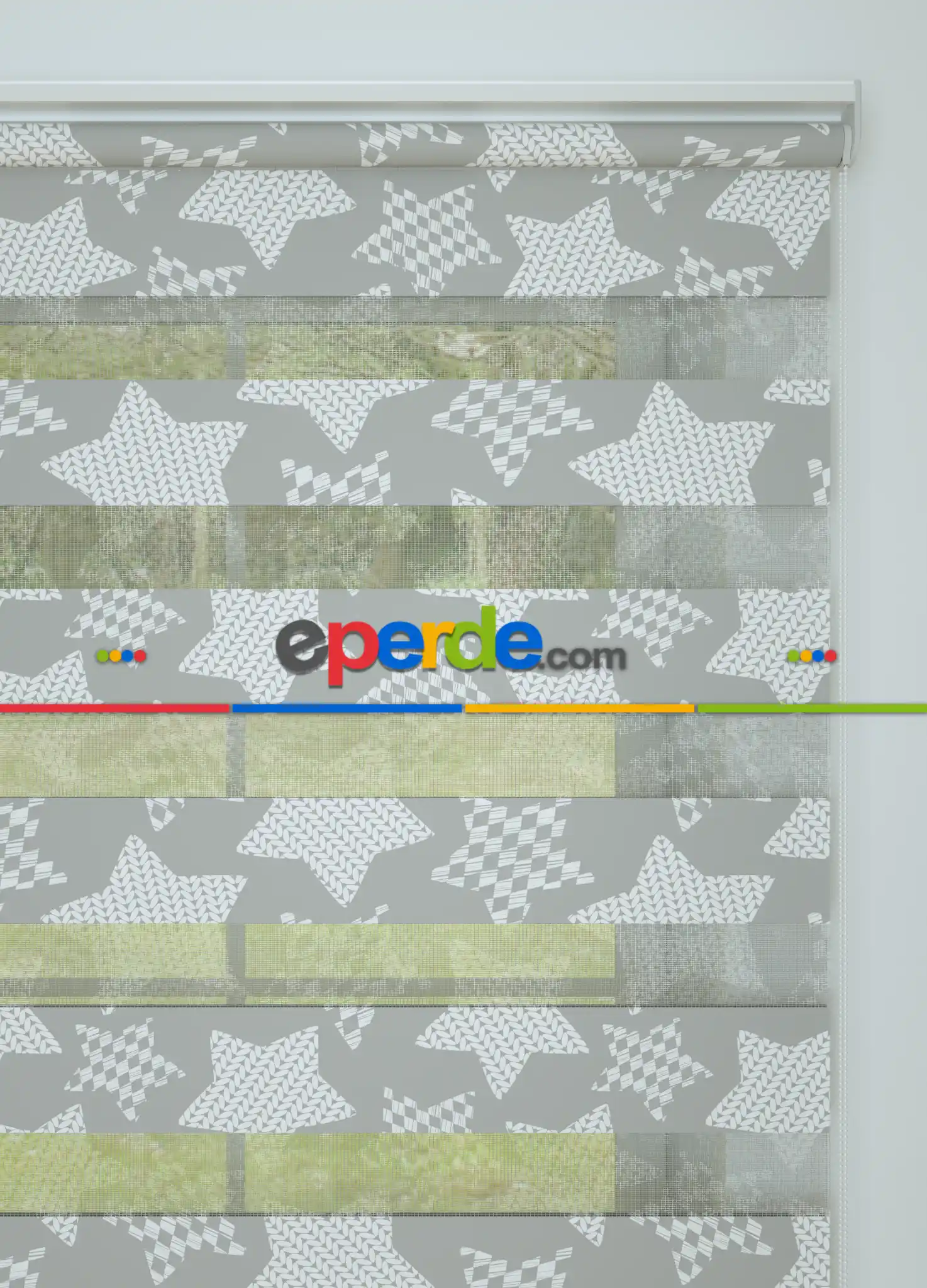 Çocuk Odası - Gri Yıldız Desenli Baskılı Zebra Perde