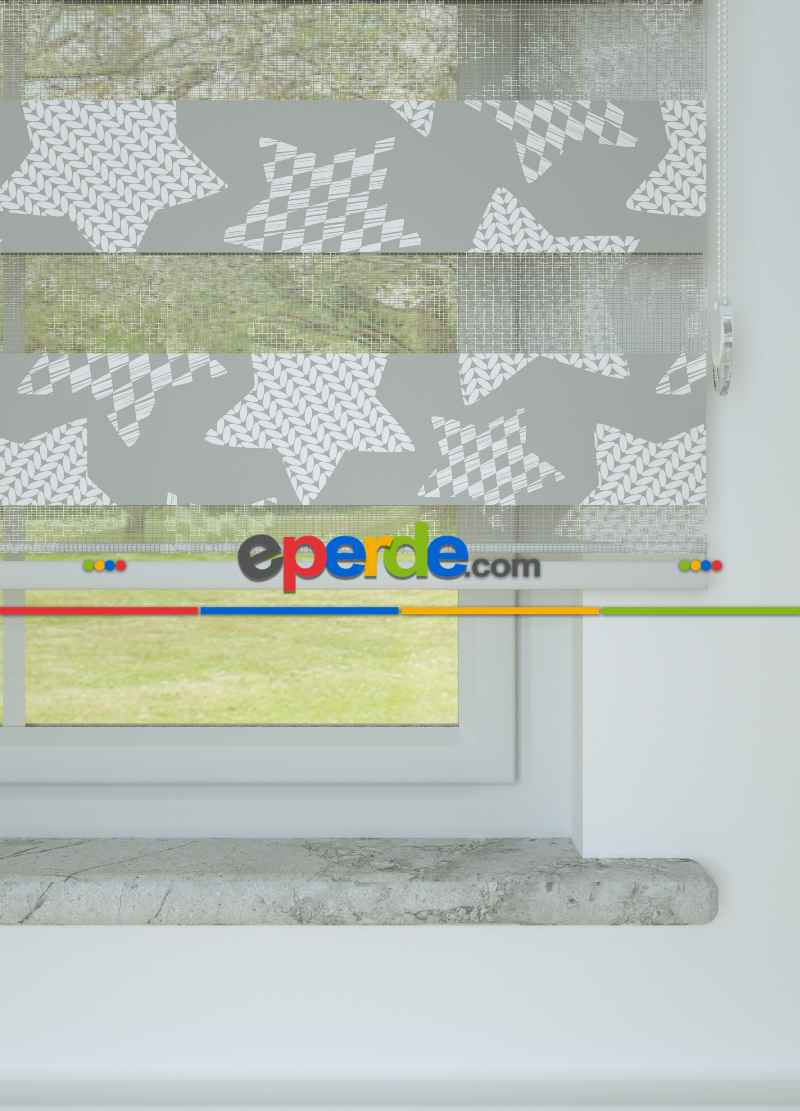 Bebek Odası - Gri Yıldız Desenli Baskılı Zebra Perde