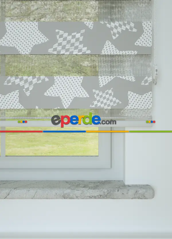 Gri Yıldız Desenli Baskılı Zebra Perde