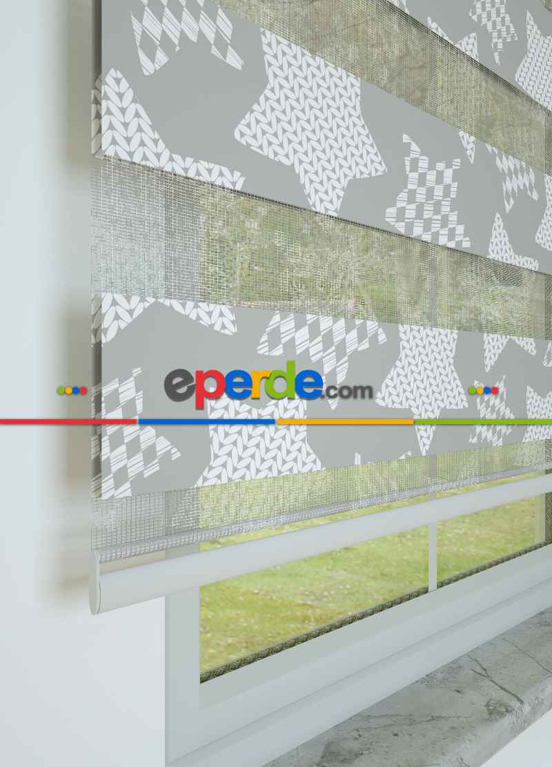 Bebek Odası - Gri Yıldız Desenli Baskılı Zebra Perde