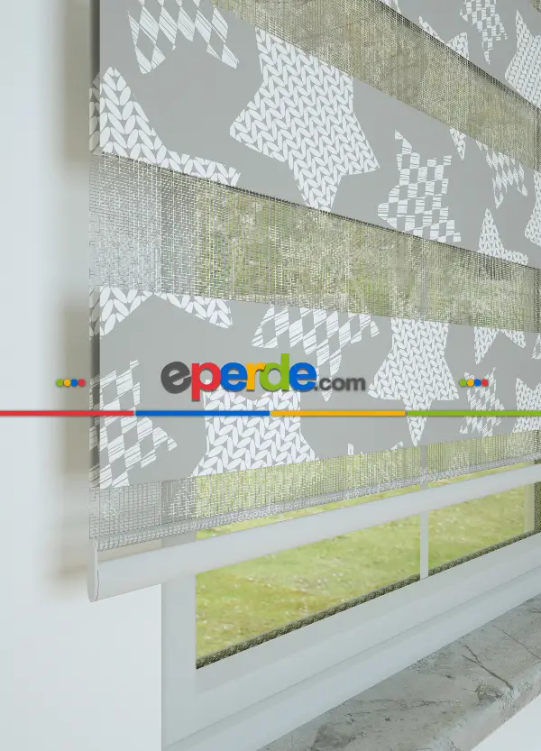 Gri Yıldız Desenli Baskılı Zebra Perde